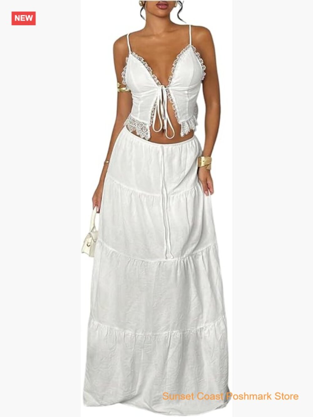 2 Piece Outfit Lace Trim Tie Front Camisole Top Tiered Maxi Skirt Set